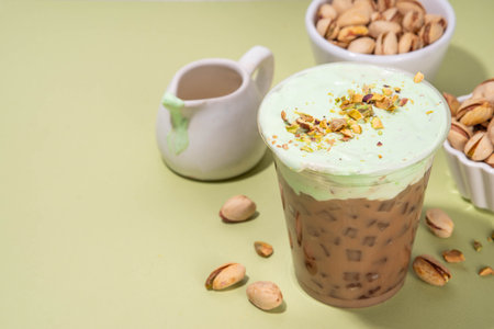 Vegan pistachio milk coffee latte. Iced and hot coffee drinks with plant based whipped pistachio creamer, copy spaceの写真素材