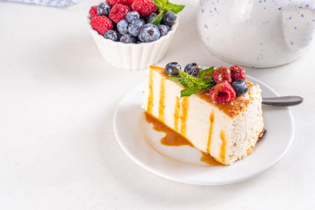 Traditional New York cheesecake slices on plates, with fresh berries on white kitchen tableの写真素材