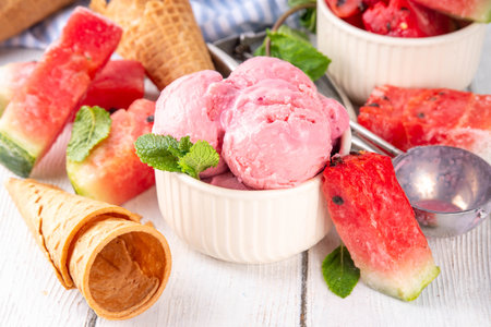 Homemade watermelon ice cream, sweet red melon sorbet gelato in portioned bowl, with watermelon slices and mint on white wooden table backgroundの写真素材