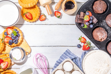 Summer baking background with baked pastry - berry cakes, muffins, mini pie tarts, with cooking baking ingredients, flour, eggs, rolling pin, cream milk, sugar, strawberry, white wooden backgroundの写真素材