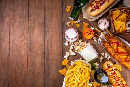 Traditional sport stadium foods and beer background, Set of various baseball, basketball, football fans and stadium snacks, chips, sauces, hot dogs with beer bottles and fan accessoriesの写真素材