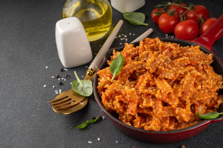 Mafaldine pasta with tomato sauce, italian bolognese, tomato marinara, vegan mushroom or eggplant sauce pasta on black concrete background, with ingredients and spices, copy spaceの写真素材