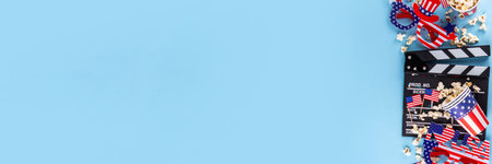 Memorial Day, Independence Day Fourth of July movie marathon, for American holidays, Movie Night party. Cinema clapper-board, Popcorn in Patriotic Cup,  American flag  decoration, accessories, glassesの写真素材