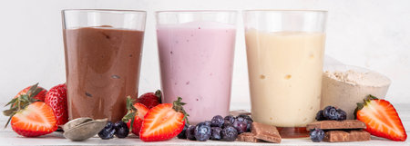 Quick and simple protein pudding. Healthy summer cold dessert. Three glasses with vanilla, chocolate and berry protein pudding, with chocolate slices, fresh strawberry, blueberry, protein powder scoopの写真素材