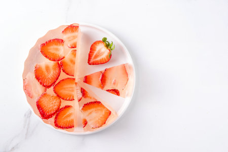 Japanese Raindrop Cake, or Mizu Shingen Mochi, clear jelly dessert, crystal-clear water-like delicacy agar pudding tart with strawberry slices, portioned on plates, white marble background copy spaceの写真素材