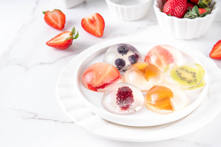 Japanese Raindrop Cake, or Mizu Shingen Mochi, clear jelly dessert, crystal-clear water-like delicacy agar pudding with fruit and berry slices, portioned on plates, white marble background copy spaceの写真素材