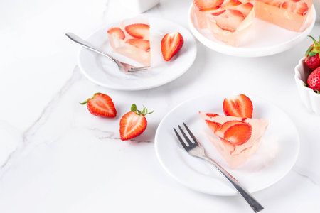 Japanese Raindrop Cake, or Mizu Shingen Mochi, clear jelly dessert, crystal-clear water-like delicacy agar pudding tart with strawberry slices, portioned on plates, white marble background copy spaceの写真素材