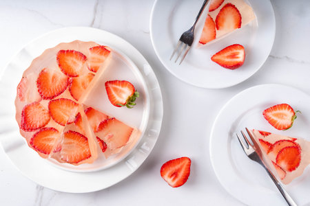 Japanese Raindrop Cake, or Mizu Shingen Mochi, clear jelly dessert, crystal-clear water-like delicacy agar pudding tart with strawberry slices, portioned on plates, white marble background copy spaceの写真素材