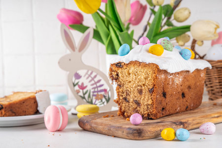 Easter simnel cake with marzipan decor and chocolate Easter eggs on top, on festive decorated table, copy spaceの写真素材