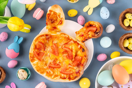 Cute Easter pizza for children brunch or party, pizza with  in form of bunny head and Easter eggs, with vegetables, cheese and tomato sauce,の写真素材