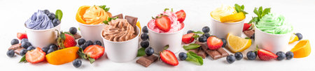 Frozen yogurt assortment. Soft creamy ice cream with chocolate, vanilla, berry, fruit flavors. Various tastes frozen yogurt cup with ingredients - blueberry, chocolate, strawberry, orange, lemon, mintの写真素材