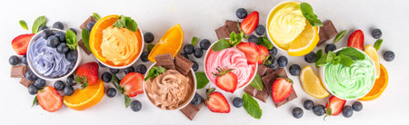 Frozen yogurt assortment. Soft creamy ice cream with chocolate, vanilla, berry, fruit flavors. Various tastes frozen yogurt cup with ingredients - blueberry, chocolate, strawberry, orange, lemon, mintの写真素材