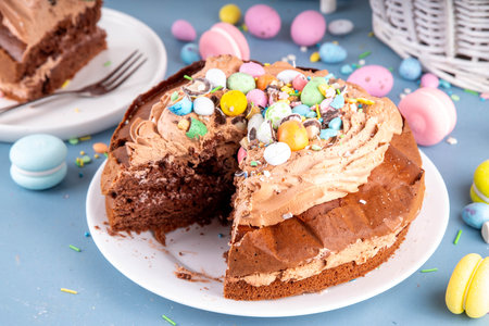 Easter Egg Nest Chocolate Cake. Sweet Easter cake with crushed chocolate eggs, traditional holiday baking recipe idea, on festive decorated table copy spaceの写真素材