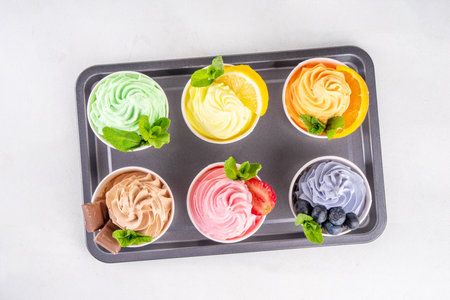 Frozen yogurt assortment. Soft creamy ice cream with chocolate, vanilla, berry, fruit flavors. Various tastes frozen yogurt cup with ingredients - blueberry, chocolate, strawberry, orange, lemon, mintの写真素材