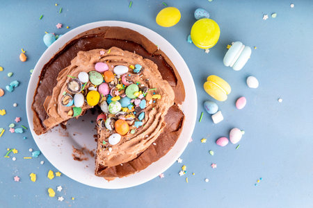Easter Egg Nest Chocolate Cake. Sweet Easter cake with crushed chocolate eggs, traditional holiday baking recipe idea, on festive decorated table copy spaceの写真素材