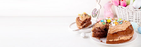 Easter Egg Nest Chocolate Cake. Sweet Easter cake with crushed chocolate eggs, traditional holiday...