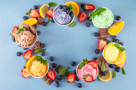 Frozen yogurt assortment. Soft creamy ice cream with chocolate, vanilla, berry, fruit flavors. Various tastes frozen yogurt cup with ingredients - blueberry, chocolate, strawberry, orange, lemon, mintの写真素材