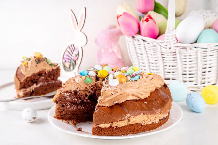Easter Egg Nest Chocolate Cake. Sweet Easter cake with crushed chocolate eggs, traditional holiday...