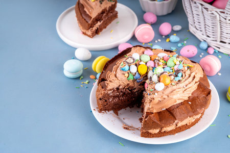 Easter Egg Nest Chocolate Cake. Sweet Easter cake with crushed chocolate eggs, traditional holiday baking recipe idea, on festive decorated table copy spaceの写真素材