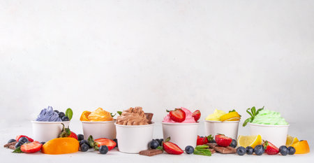 Frozen yogurt assortment. Soft creamy ice cream with chocolate, vanilla, berry, fruit flavors. Various tastes frozen yogurt cup with ingredients - blueberry, chocolate, strawberry, orange, lemon, mintの写真素材