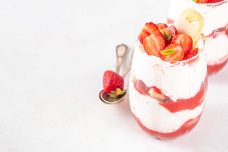 Summer strawberry tiramisu dessert, Berry fruit version of  summer tiramisu cake in glass jars with fresh strawberry, mascarpone and savoyardiの写真素材