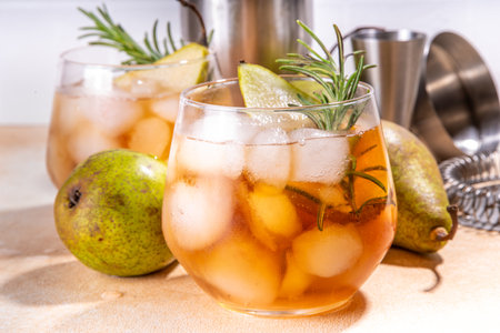 Sweet cold pear cocktail with rum, liquor, anise and rosemary sprig, garnished with pear slicedの写真素材