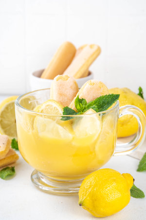 Lemon Pudding Dessert on Glass cup. Layered parfait dessert with cookies and lemon slices, copy spaceの写真素材