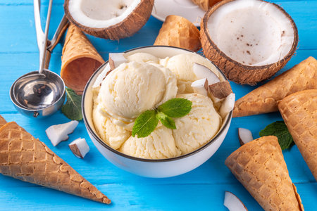 Vegan creamy coconut sorbet ice cream. Bowl with classic white coconut flavor non-dairy vegetarian gelato made with coconut milk, creamy frozen summer dessertの写真素材