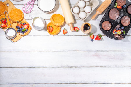 Summer baking background with baked pastry - berry cakes, muffins, mini pie tarts, with cooking baking ingredients, flour, eggs, rolling pin, cream milk, sugar, strawberry, white wooden backgroundの写真素材