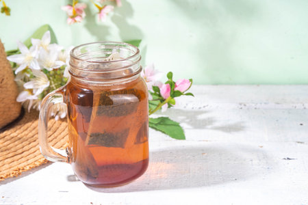 Sun Tea in mason jar, trendy cold sweet sun brew tea drink on wooden tableの写真素材
