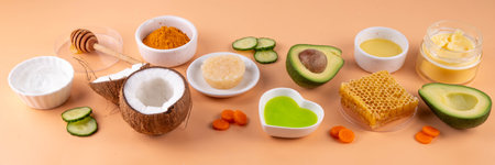 DIY Natural Sunscreen Alternative, Anti-Sunscreen Movement. Natural organic SPF ingredients background with olive oil, coconut oil, cocoa butter, aloe gel, beeswax, carrot seed oilの写真素材