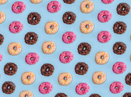 Sweet colorful sugar glazed donuts on light blue background. Three tasty doughnuts - chocolate, vanilla, strawberry pink, copy spaceの写真素材