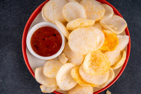 Crispy airy rice shrimp chips. Fragrant prawn crackers with sauce, traditional Asian fast food snack, junk food healthier alternativeの写真素材
