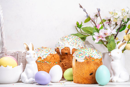 Tasty Glazed Easter cakes with sugar decor, colorful eggs basket, ceramic rabbits and spring flowers on white kitchen table, copy space. Happy Easter Holidays greeting card background copy spaceの写真素材