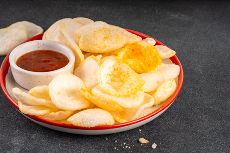 Crispy airy rice shrimp chips. Fragrant prawn crackers with sauce, traditional Asian fast food snack, junk food healthier alternativeの写真素材