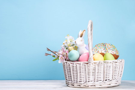 Traditional Easter basket with Easter cake, colorful pastel colored eggs, bunny rabbits decor and spring flower. Preparation for Easter celebration, greeting card, invitation, Easter sale backgroundの写真素材