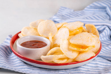 Crispy airy rice shrimp chips. Fragrant prawn crackers with sauce, traditional Asian fast food snack, junk food healthier alternativeの写真素材