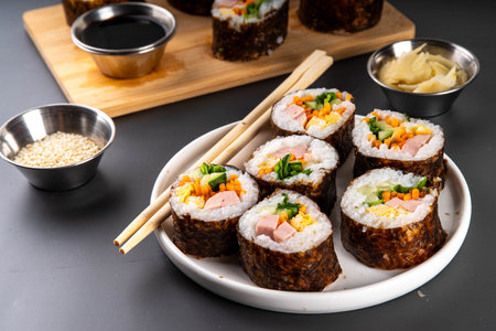 Gimbap or kimbap, korean rolls, traditional dish. Homemade kimbap roll with ham, vegetables and lettuceの写真素材