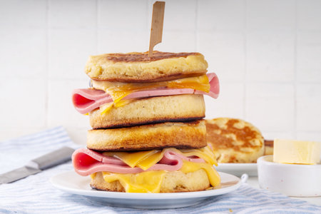 Breakfast crumpet sandwich, british pancake scones burger with cheese and ham, on itchen table, with stack of crumpets and butterの写真素材