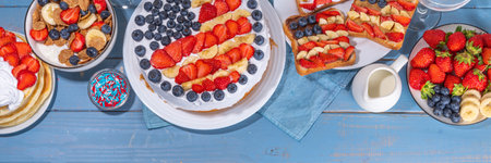Fourth of July, Patriotic Independence day desserts.  4th of July sweet brunch food and snacks - toast sandwiches, flakes with berries, cake, pancakes, champagne with glasses, holiday decor, flagsの写真素材