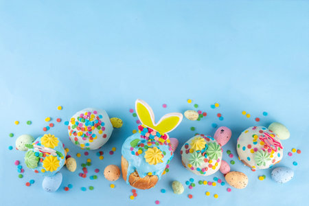 Bright colorful Easter cakes, pastries and eggs greeting card background with copy space,  Easter cooking concept, sweet treats sale, Easter party, spring baking fair invitationの写真素材