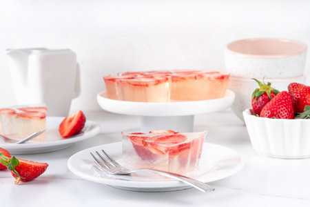 Japanese Raindrop Cake, or Mizu Shingen Mochi, clear jelly dessert, crystal-clear water-like delicacy agar pudding tart with strawberry slices, portioned on plates, white marble background copy spaceの写真素材