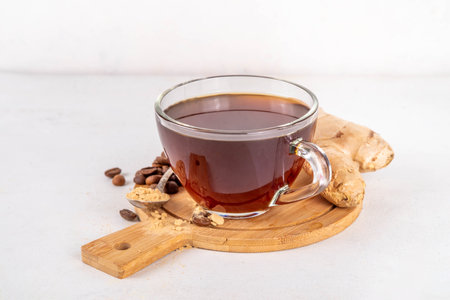 Fresh brewed ginger coffee cup. Dark coffee espresso hot drink with ginger powder and ginger root, on white background. Healthy hot drink. alternative medicine, remedyの写真素材