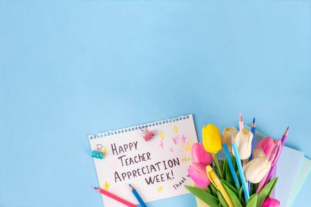 Teacher Appreciation Week background with school supplies and traditional gifts, bouquet of spring flowers with pens, pencils, notebooks, notepads, school bus toy, greeting card to teacher from childの写真素材