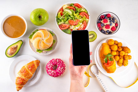 Calorie Calculator diet background with healthy and unhealthy foods plates, fruits, vegetables, dessert, donuts, burger. Calories counting, food control conceptの写真素材