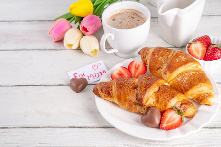 Motherâs Day breakfast background featuring croissant, strawberries, chocolates, coffee mug, bouquet of tulip flowers, as surprise and gift, with greeting card "for mom".の写真素材