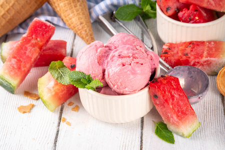 Homemade watermelon ice cream, sweet red melon sorbet gelato in portioned bowl, with watermelon slices and mint on white wooden table backgroundの写真素材