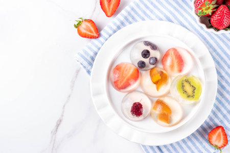 clear jelly dessert, crystal-clear water-like delicacy agar pudding with fruit and berry slices, portioned on plates, white marble background copy spaceの写真素材