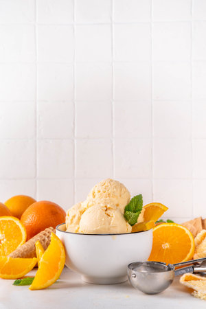 Homemade orange creamsicle ice cream, big bowl with creamsicle gelato, with orange slices and mint, sweet creamy summer dessert, on white kitchen table copy spaceの写真素材