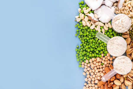 Various source vegan protein powders. Vegetarian plant based protein shakes powder and ingredient for it - green peas, soybeans, almonds, pistachios, peanuts, coconut, legumes.の写真素材